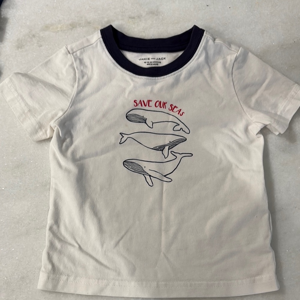 Janie and Jack White Navy Red Short Sleeve Tee with Marine Graphic 18-24 months